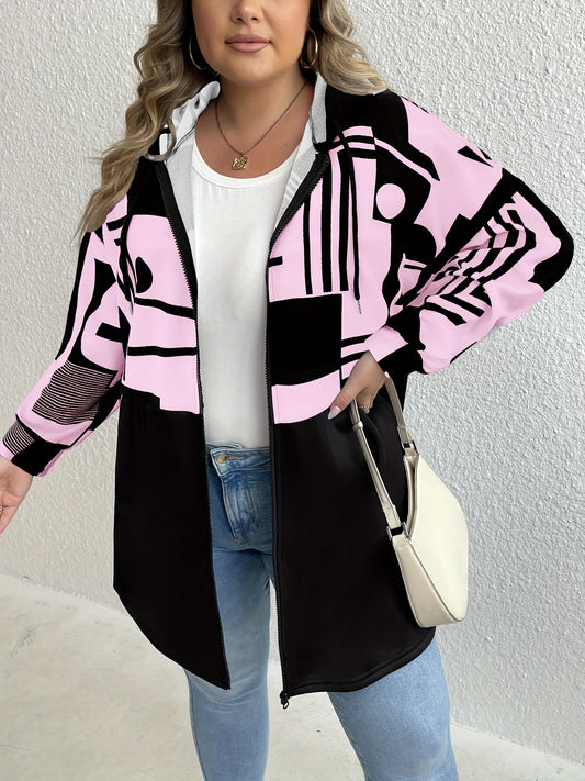 vlovelaw  Plus Size Casual Coat, Women's Plus Colorblock Geometric Print Long Sleeve Hooded Zipper Coat