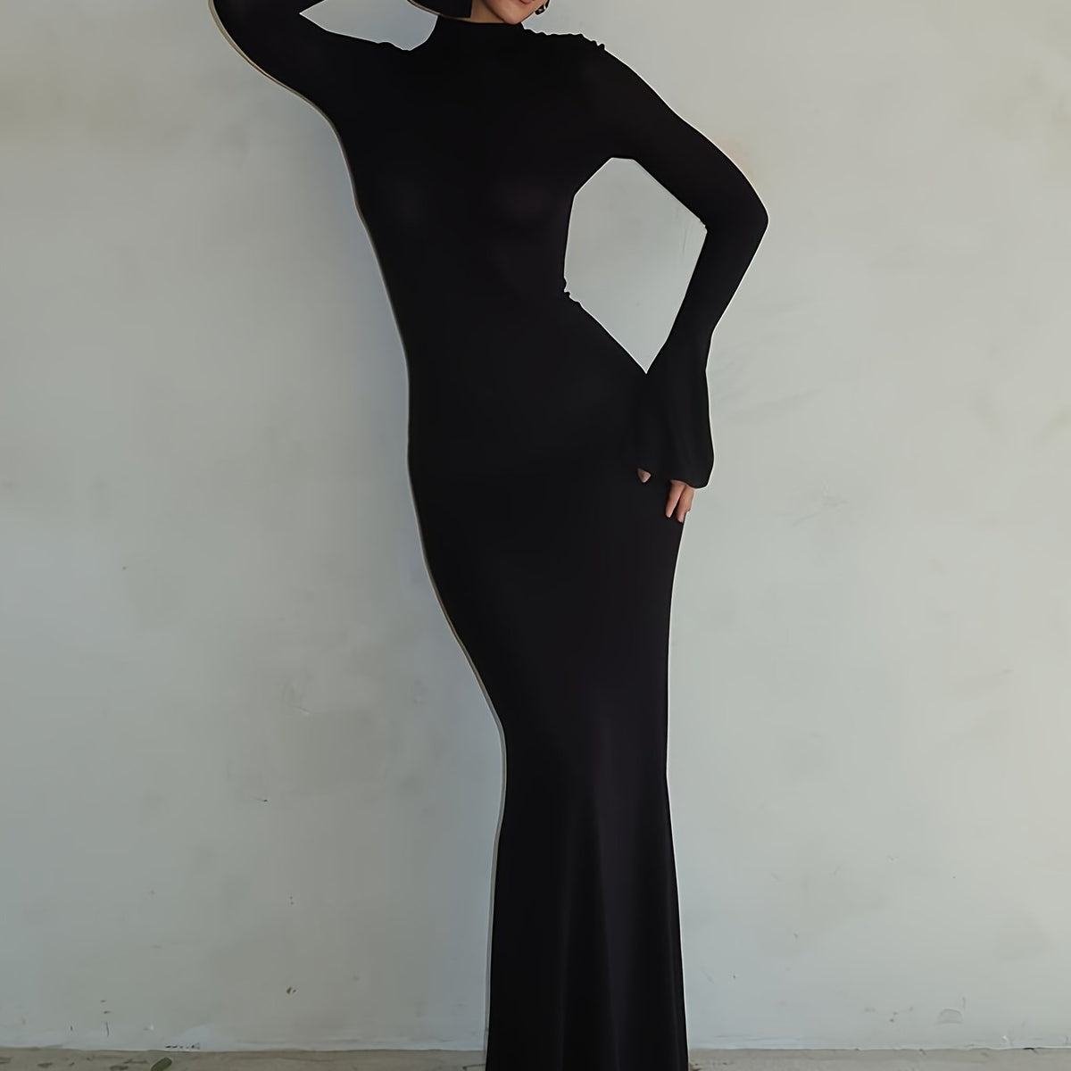 vlovelaw  Backless Flared Sleeve Dress, Club Wear Solid Bodycon Maxi Dress, Women's Clothing