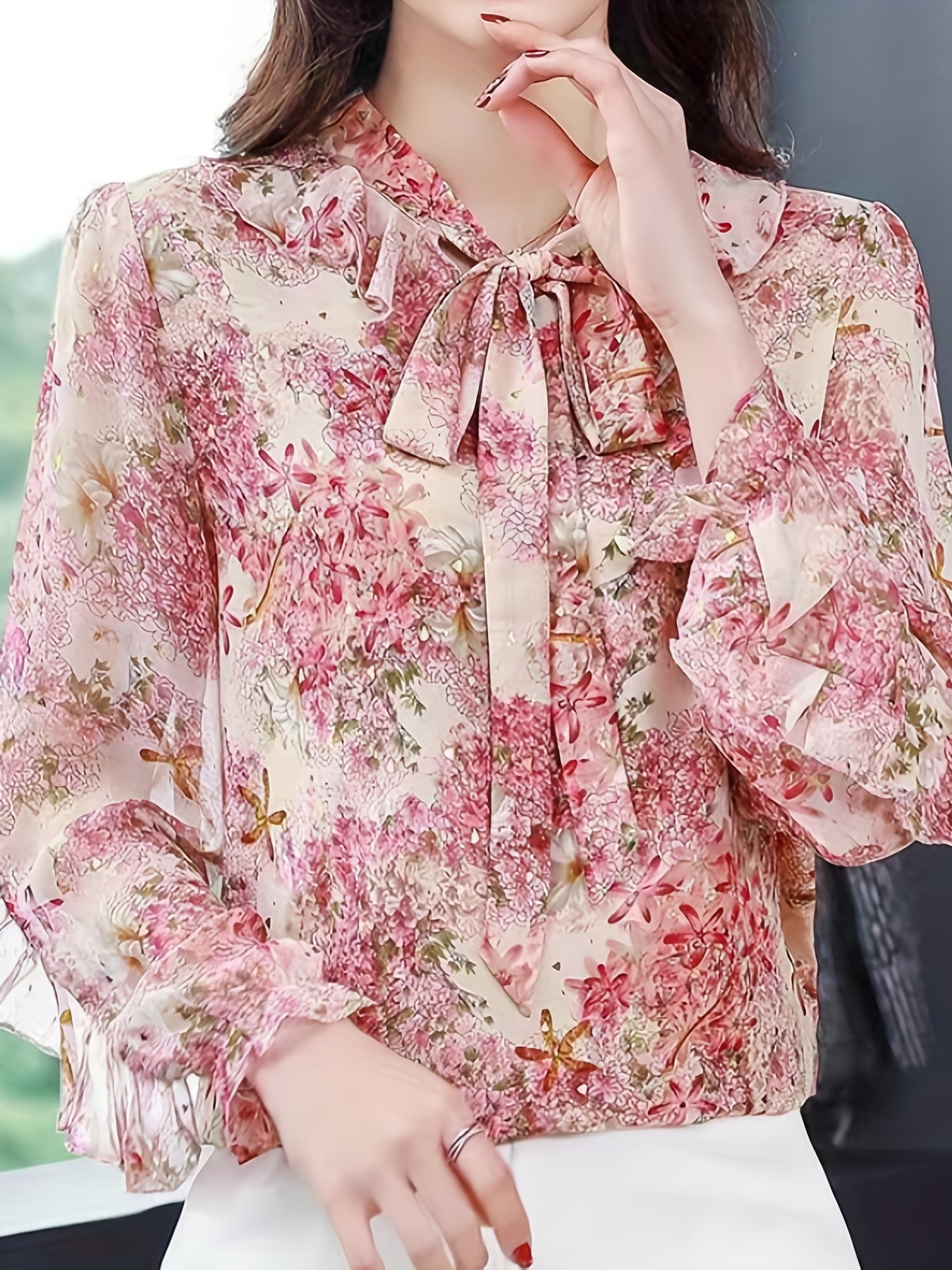 vlovelaw  Floral Print Ruffle Trim Blouse, Elegant Tie Neck Long Sleeve Blouse For Spring & Fall, Women's Clothing