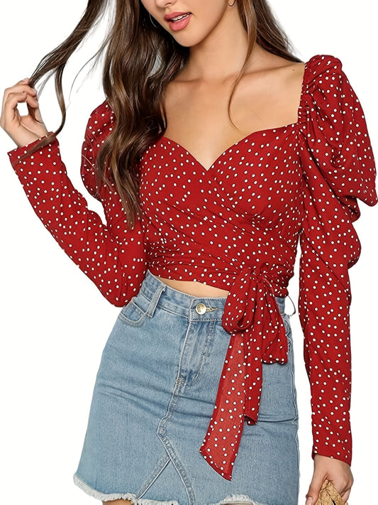 vlovelaw Polka Dot Print Cross V Neck Crop T-Shirt, Sexy Tie Front Long Puff Sleeve T-Shirt For Spring & Fall, Women's Clothing