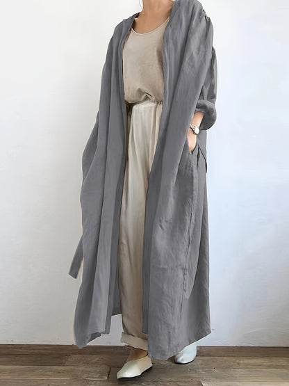 Solid Open Front Belted Overcoat, Versatile Long Sleeve Pockets Maxi Length Coat , Women's Clothing