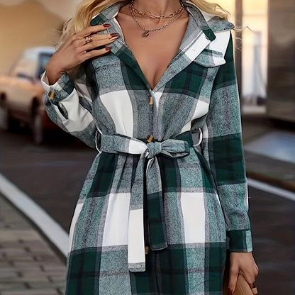 Button Plaid Tie Waist Jacket, Casual Long Sleeve Jacket For Fall & Winter, Women's Clothing