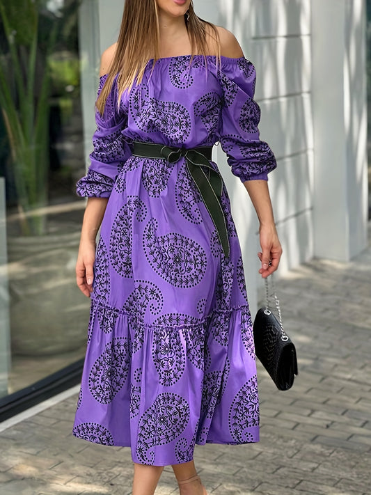 vlovelaw Paisley Print Off Shoulder Dress, Casual Ruffle Hem Long Sleeve Dress, Women's Clothing