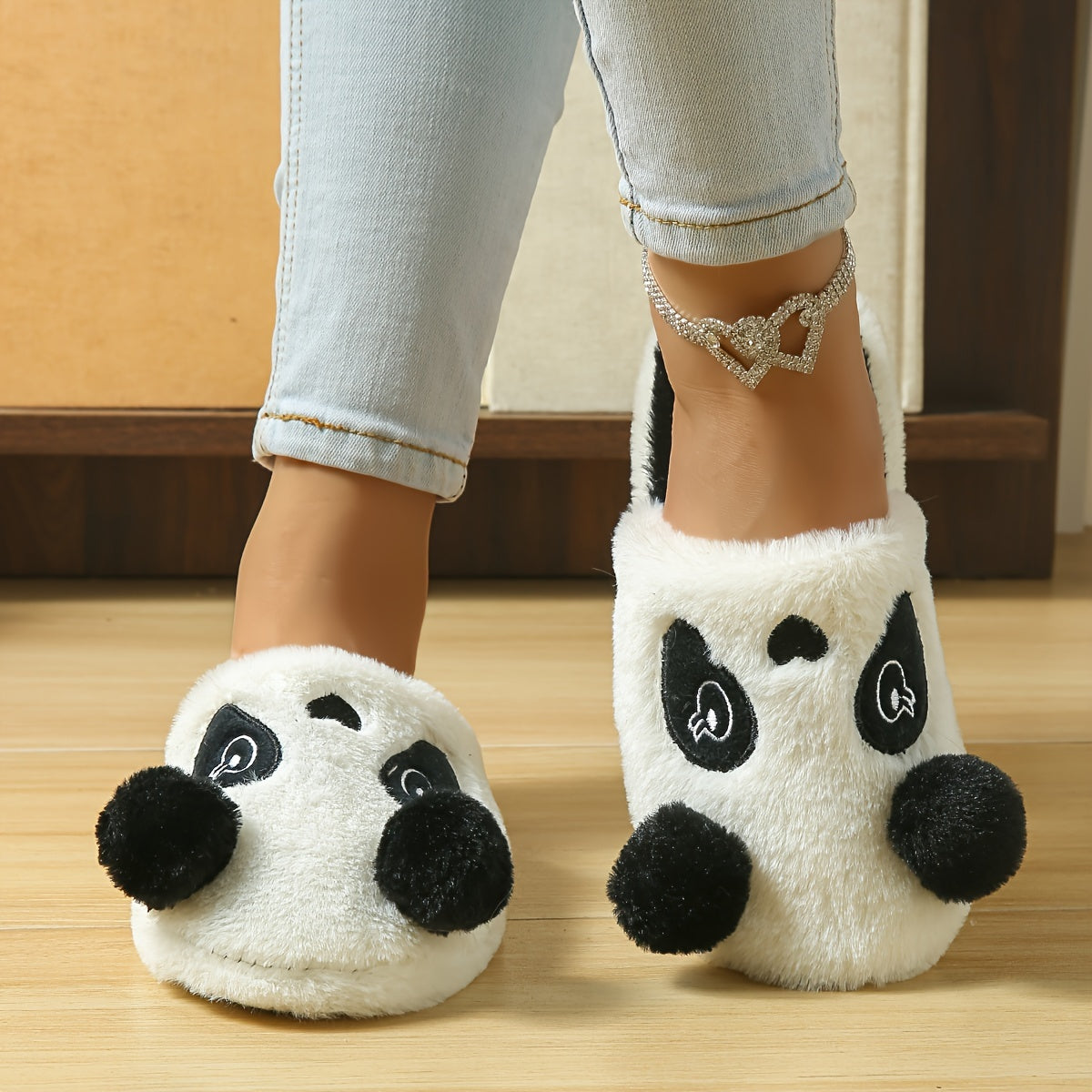 Cozy Panda Plush Slippers for Women - Soft, Thick Faux Rabbit Fur, Quiet Embroidered Design, Perfect for Indoor Wear in Spring, Fall & Winter