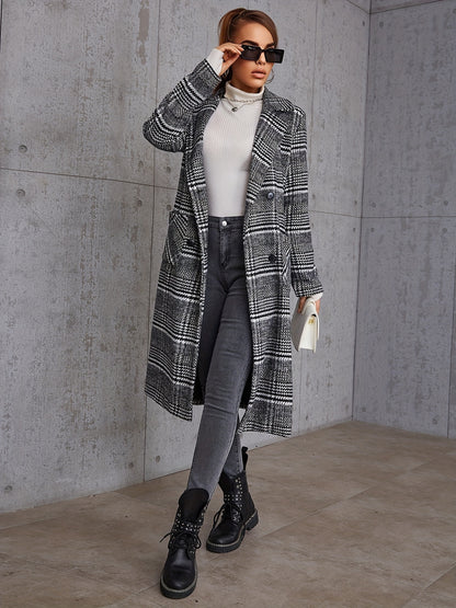 Plaid Print Double Breasted Coat, Elegant Open Front Long Sleeve Outerwear, Women's Clothing