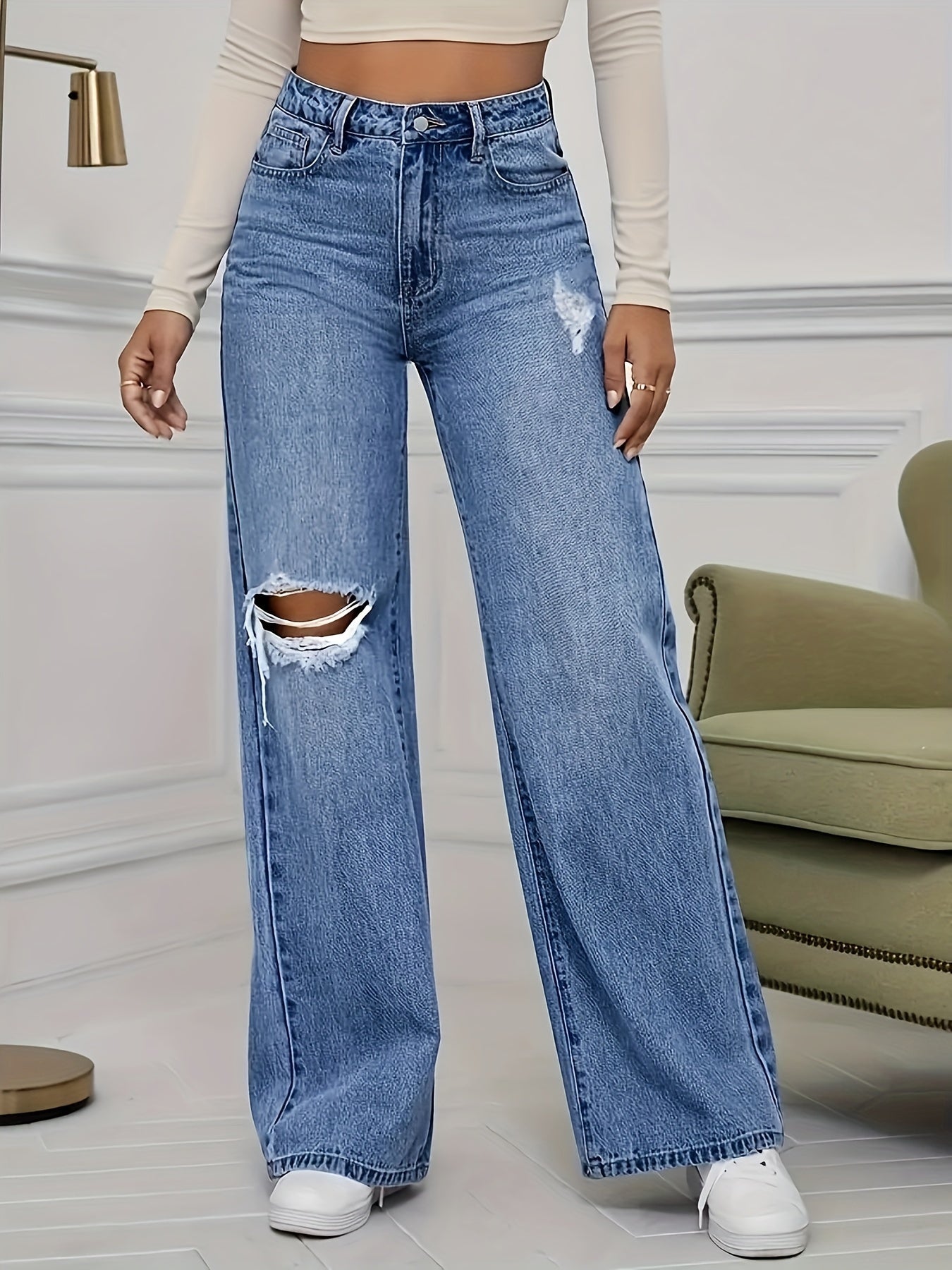 Loose Ripped Holes Wide Leg Jeans, Distressed Loose Denim Pants With Slant Pocket, Women's Denim Jeans & Clothing