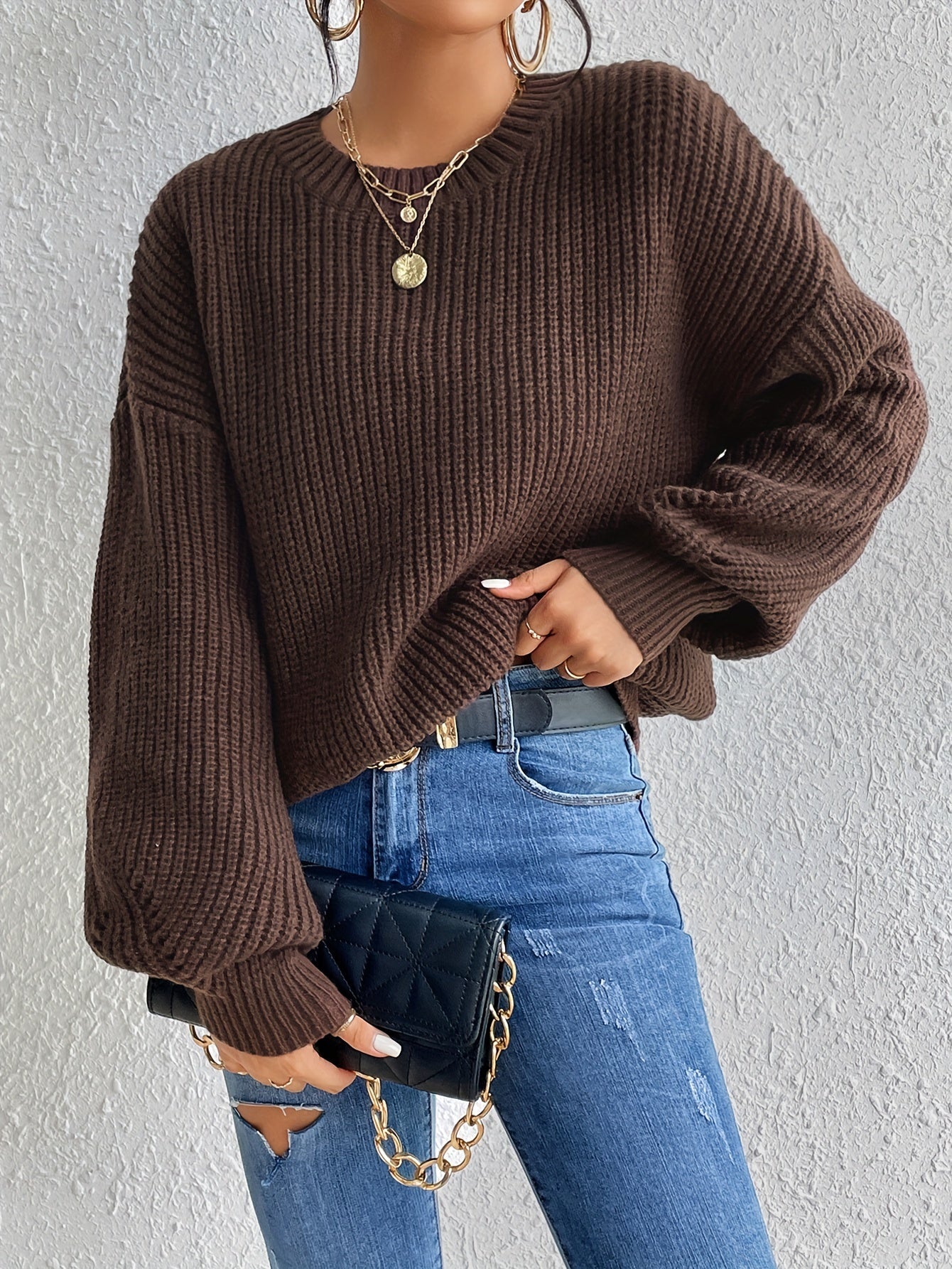 vlovelaw  Solid Crew Neck Pullover Sweater, Casual Long Sleeve Sweater For Fall & Winter, Women's Clothing