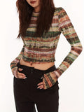 Stripe Print Crew Neck Crop T-Shirt, Casual Long Sleeve Top For Spring & Fall, Women's Clothing