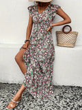 vlovelaw  Floral Print Shirred Waist Dress, Casual V Neck Ruffle Sleeve Dress For Spring & Summer, Women's Clothing