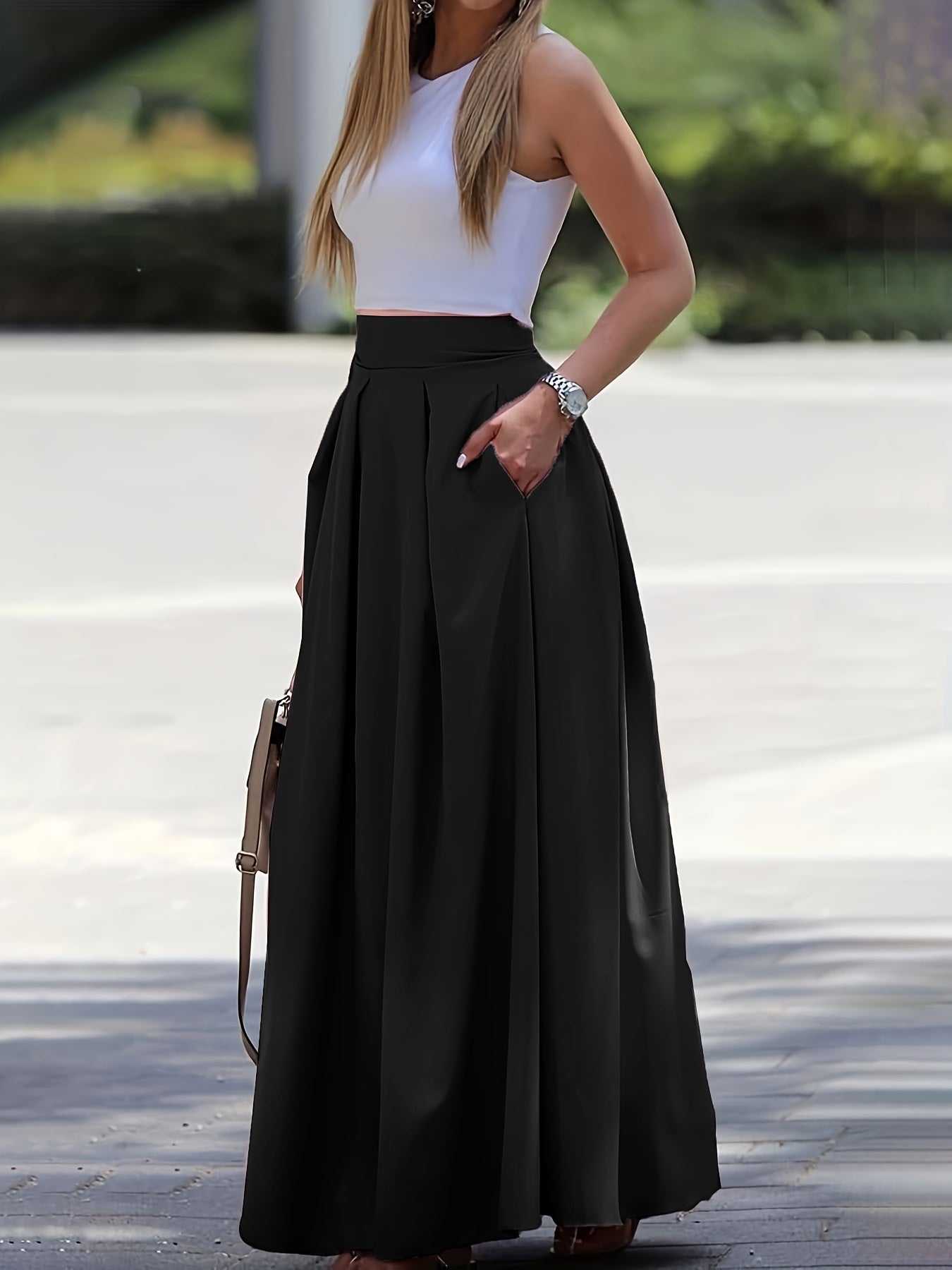 vlovelaw Ruched High Waist Skirts, Elegant Solid Versatile Maxi Skirts, Women's Clothing