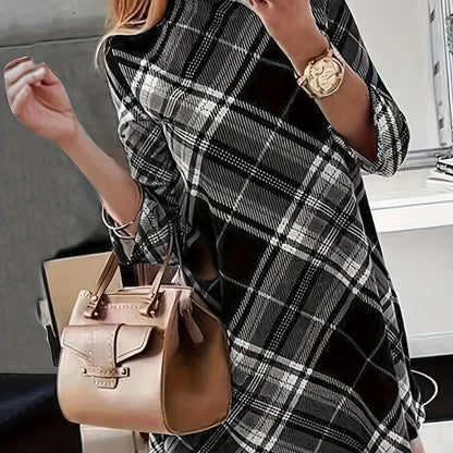 vlovelaw  Plaid Print Mock Neck Dress, Elegant Long Sleeve Above Knee Dress, Women's Clothing