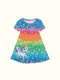 Glittering Girls Unicorn Dress - Sparkling 3D Sequin Print, Crew Neck, Short Sleeves - Perfect Summer Fashion for Dreamy Adventures!