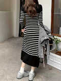 Stripe Print Long Sleeve Knit Dress, Casual Crew Neck Mid Calf Dress, Women's Clothing