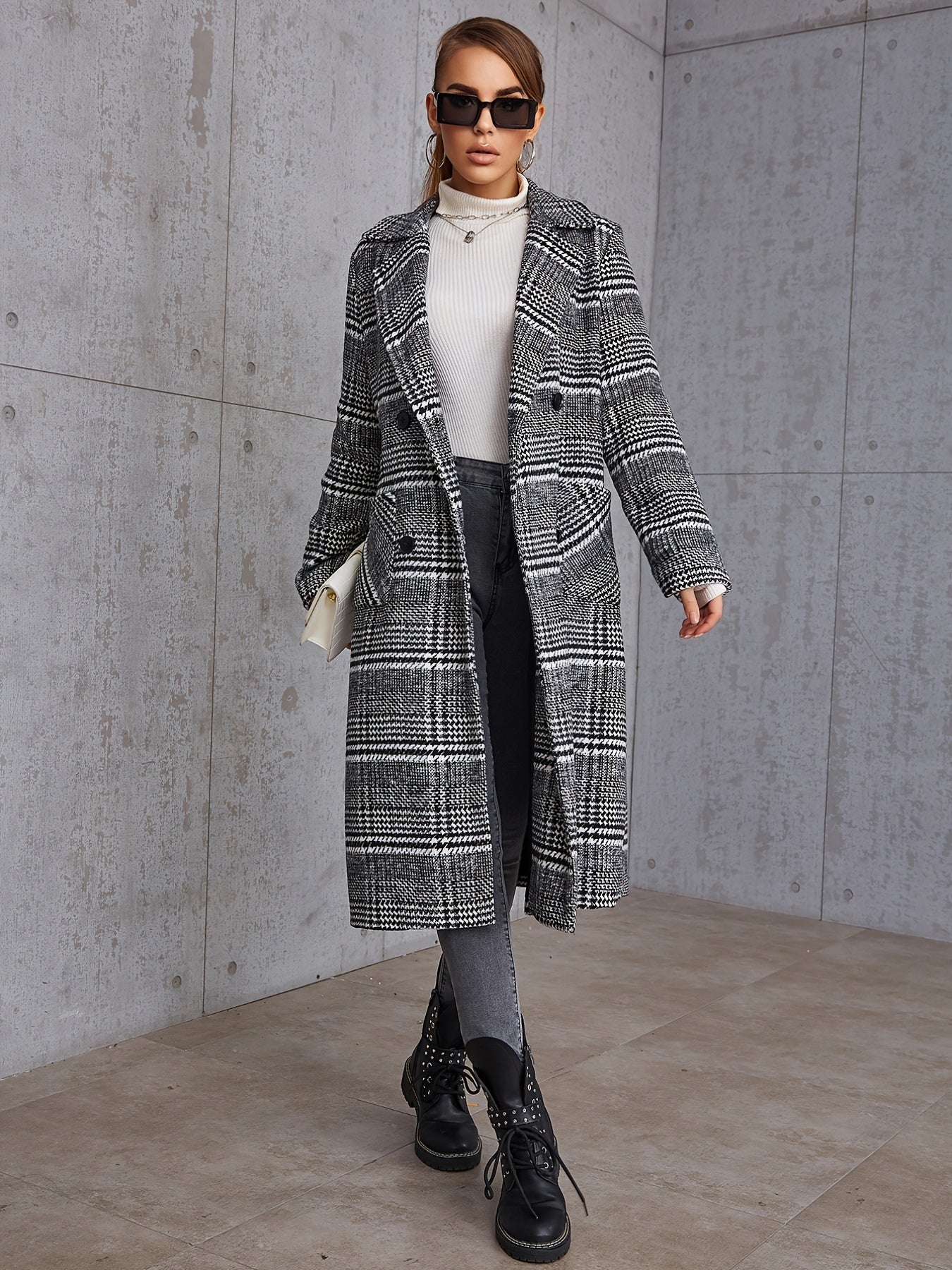 Plaid Print Double Breasted Coat, Elegant Open Front Long Sleeve Outerwear, Women's Clothing