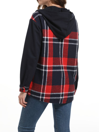 vlovelaw Plaid Print Hooded Jacket, Casual Button Front Long Sleeve Outerwear, Women's Clothing