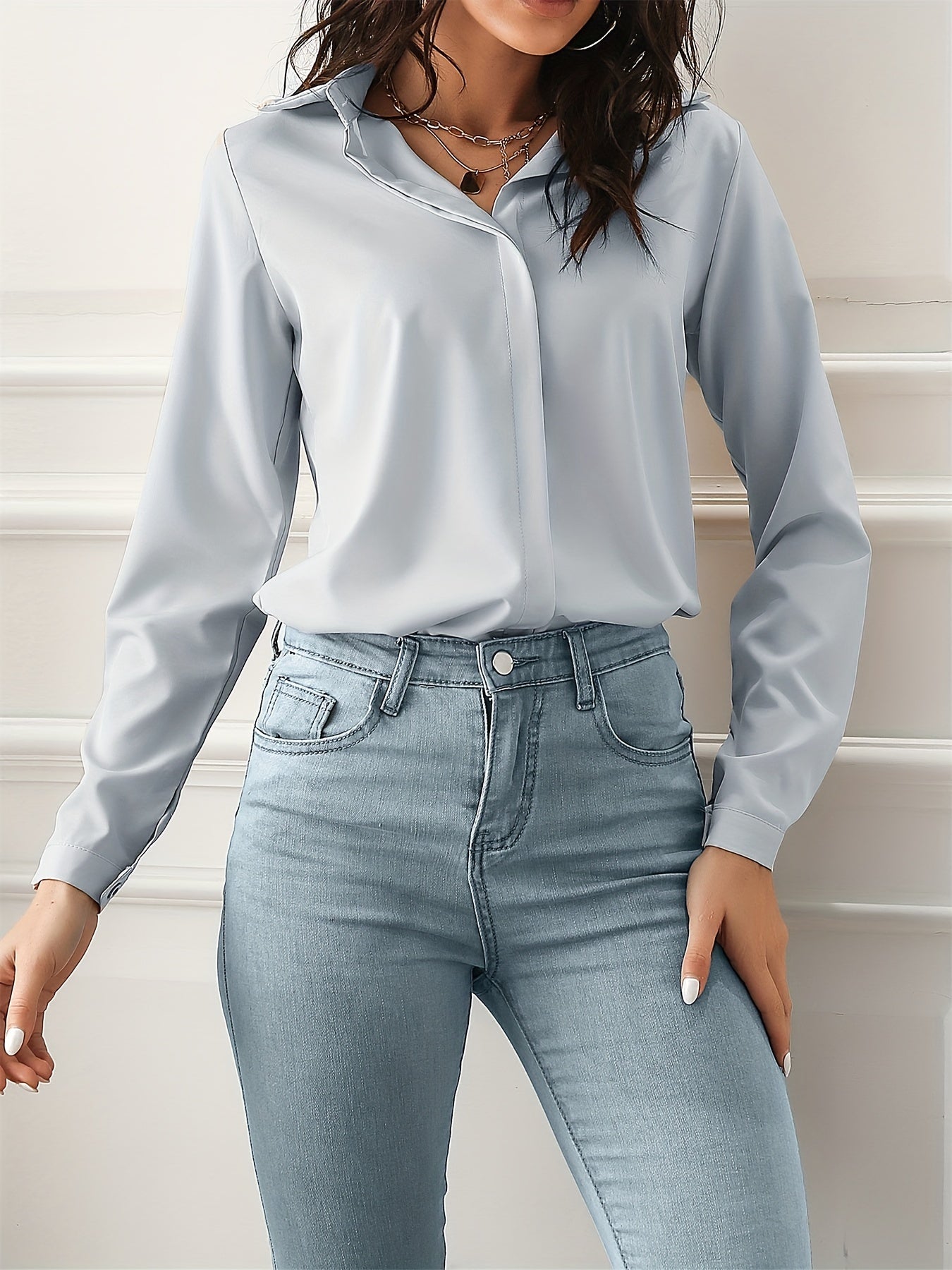 vlovelaw  Solid Simple Shirt, Casual Turn Down Collar Long Sleeve Work Office Shirt, Women's Clothing