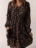 Leopard Print Ruffle Hem Dress, Vintage V Neck Long Sleeve Dress, Women's Clothing