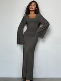 Solid Flared Long Sleeve Dress, Casual Squared Neck Maxi Dress, Women's Clothing