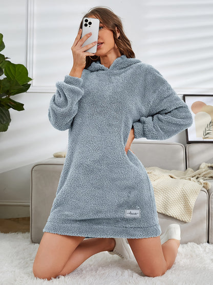 vlovelaw Hooded Teddy Dress, Casual Long Sleeve Simple Warm Dress, Women's Clothing