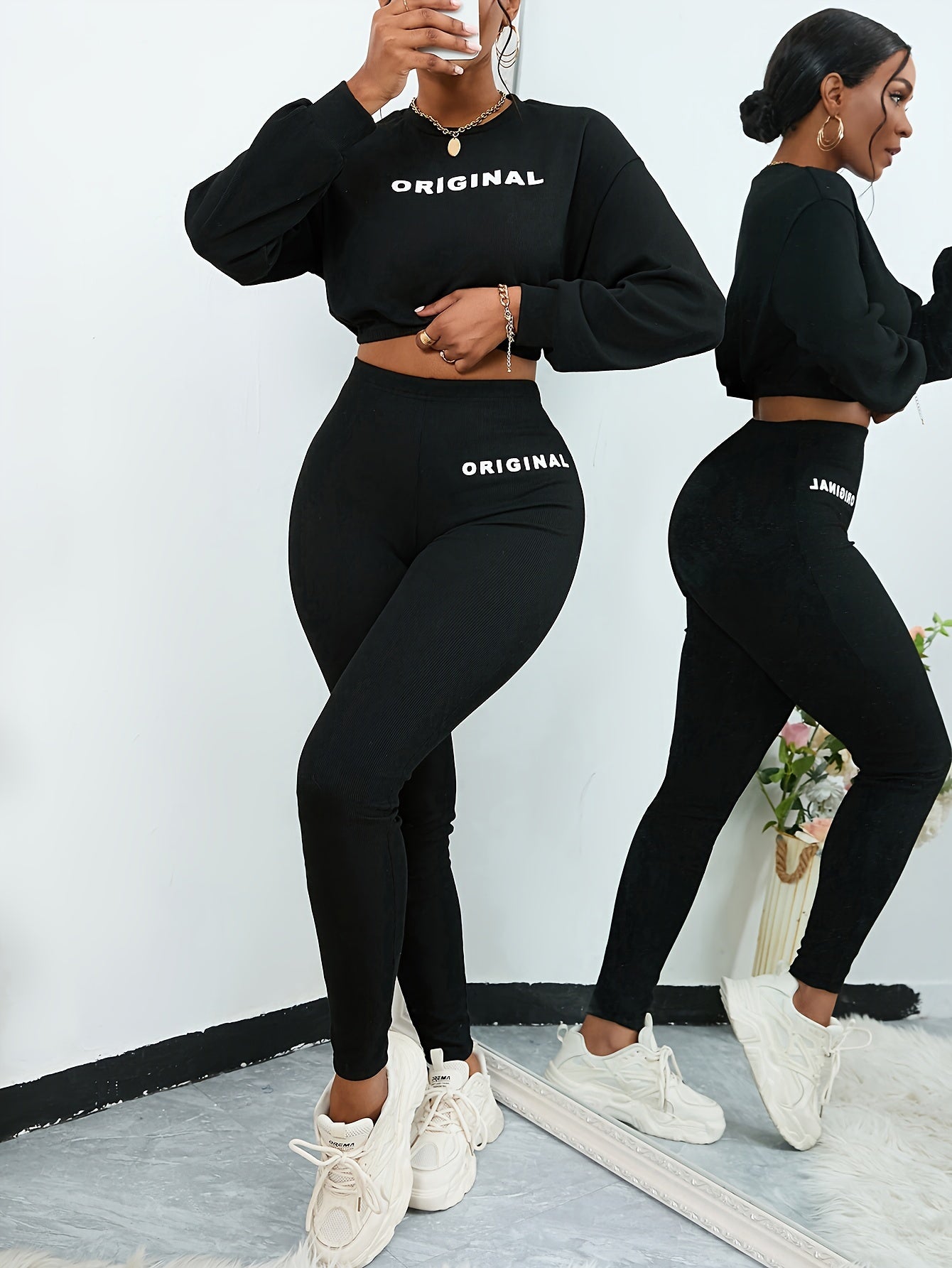 vlovelaw Casual Letter Print Two-piece Set, Long Sleeve Crop Top & Slim Pants Outfits, Women's Clothing