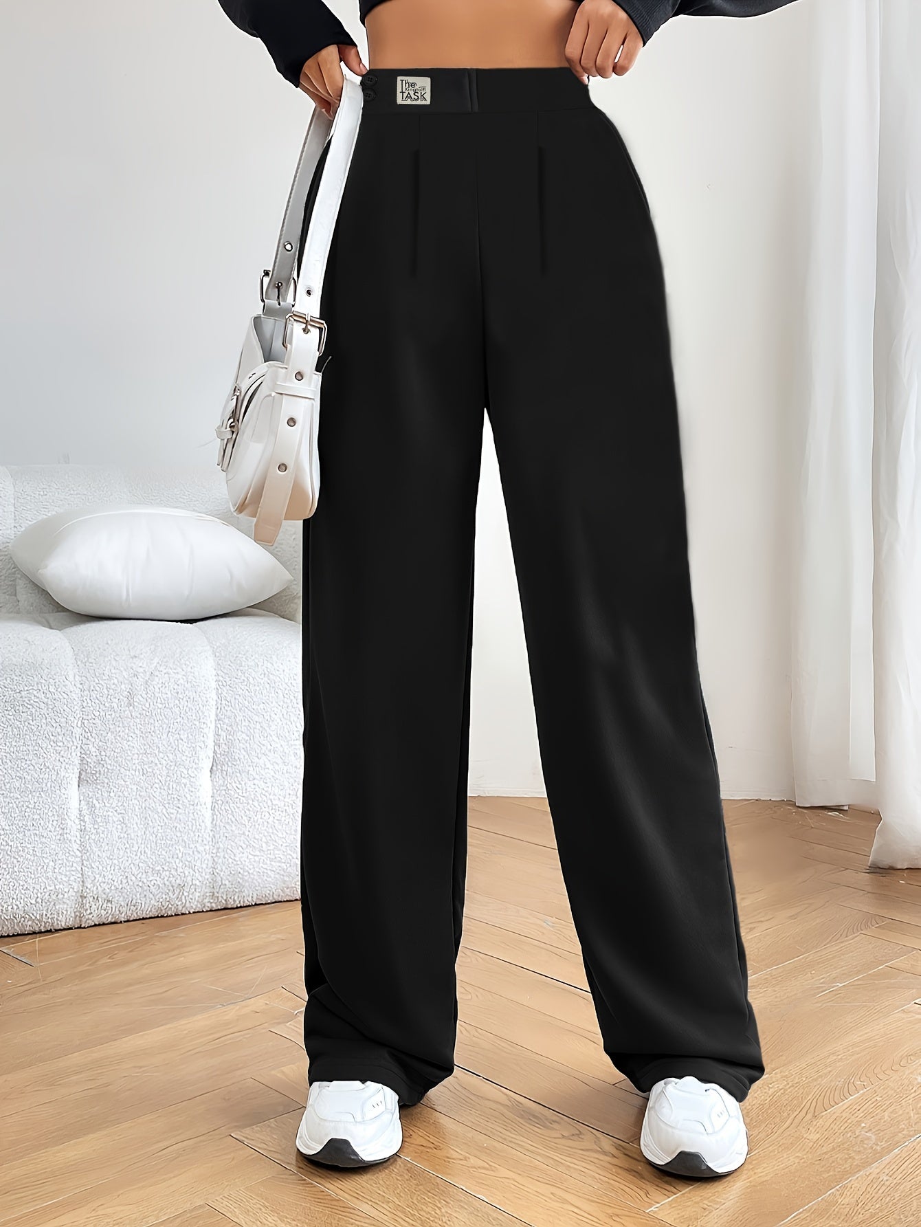 vlovelaw  Plus Size Sports Pants, Women's Plus Plain Black Double Buttons Waist Detail High Stretch Slash Pockets Pants