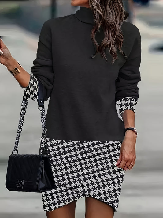 vlovelaw  Houndstooth Asymmetrical High Collar Long Sleeve Dress, Elegant Autumn Bag Hip Stylish Dress, Women's Clothing