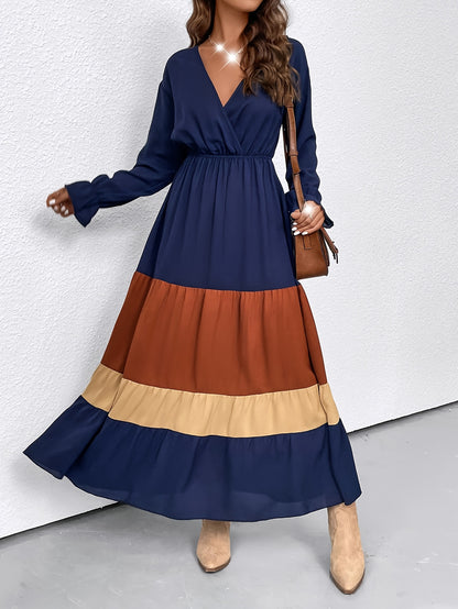 vlovelaw  Color Block Ruffle Long Sleeve Dress, Casual Surplice Neck Cinched Waist Dress For Spring & Fall, Women's Clothing