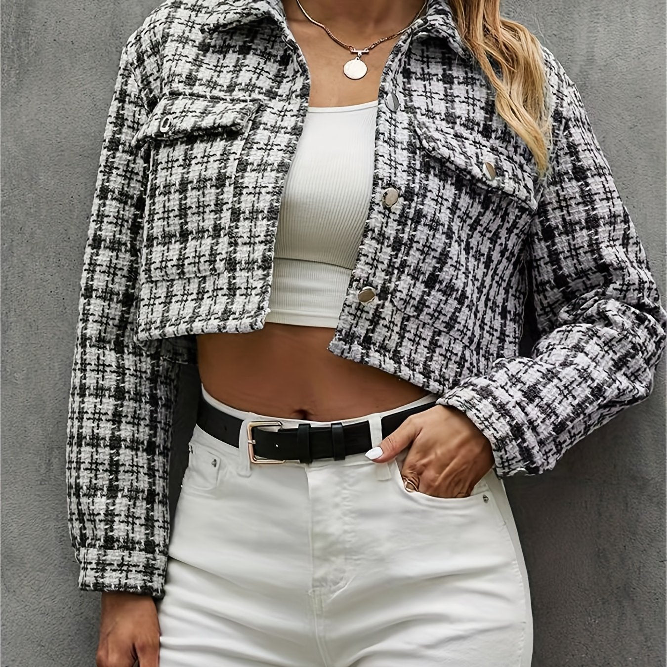 Plaid Pattern Cropped Jacket, Casual Button Front Long Sleeve Outerwear, Women's Clothing