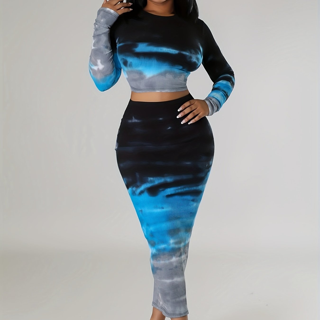 vlovelaw  Tie Dye Slim Two-piece Set, Long Sleeve Crop Top & Skirt Outfits, Women's Clothing