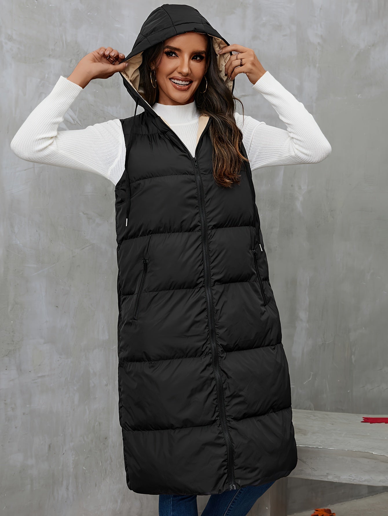 vlovelaw Hooded Sleeveless Coat, Casual Zipper Long Length Winter Outerwear, Women's Clothing