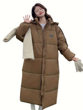 Women's Casual Long Puffer Coat - Mid-Length, Solid Color with Hood, Polyester, Machine Washable