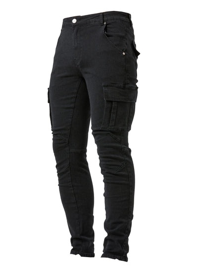 vlovelawSlim Fit Multi Pocket Jeans, Men's Casual Street Style High Stretch Denim Cargo Pants