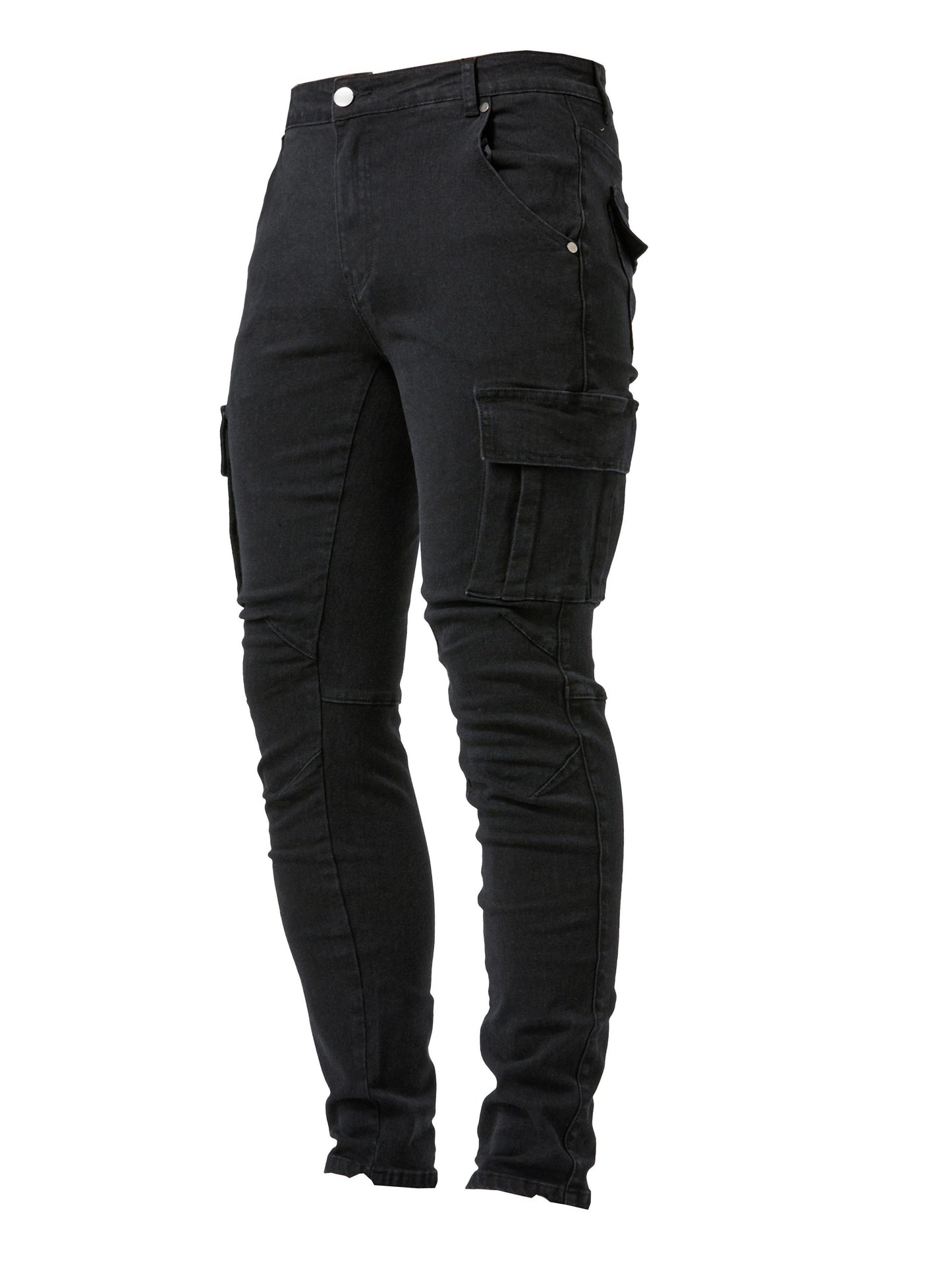 vlovelaw  Slim Fit Multi Pocket Jeans, Men's Casual Street Style High Stretch Denim Cargo Pants