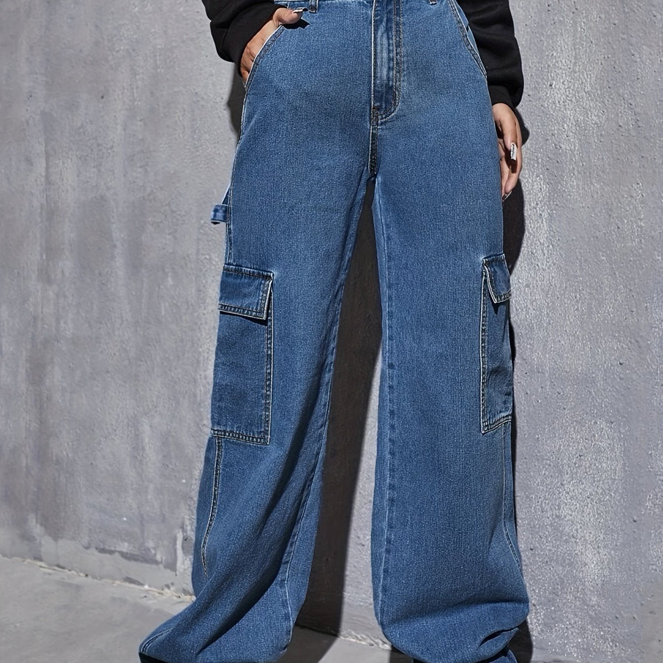 vlovelaw  Blue Flap Pockets Cargo Pants, Loose Fit Non-Stretch Y2K & Kpop Carpenter Jeans, Women's Denim Jeans & Clothing