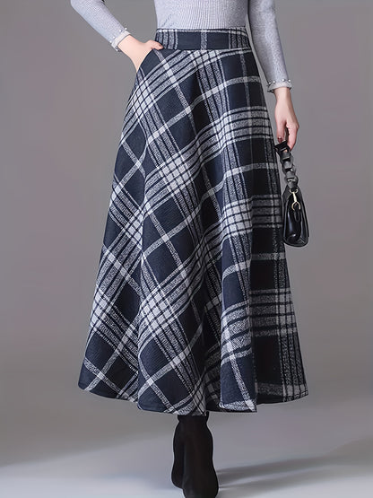 Plus Size Elegant Skirt, Women's Plus Plaid Print High Rise Slight Stretch Swing A-line Maxi Skirt