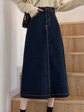 vlovelaw Split Front High Waist Denim Midi Skirt, A-line Loose Fashion Slant Pocket Denim Skirts, Women's Denim Clothing