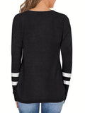 Plus Size Casual T-shirt, Women's Plus Colorblock Striped Print Long Sleeve V Neck Medium Stretch T-shirt