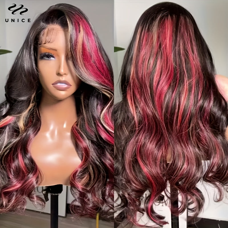 UNice Hair Burgundy With Blonde Highlights 13x4 Lace Front Wig Human Hair Loose Wave Wig Black With Red & Blonde Wavy Wigs 150%