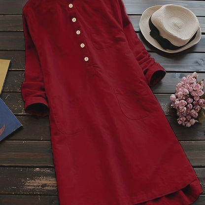 Plus Size Button Decor Solid Casual Swing Dress With Pockets, Women's Plus Loose Fit Midi Dress