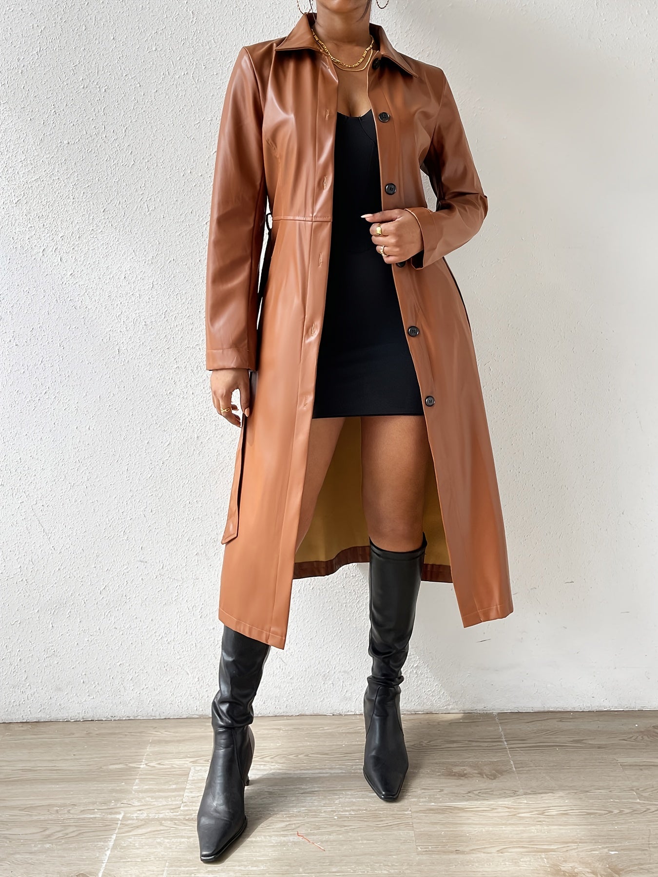 Solid Single Breasted Belted Jacket, Elegant Faux Leather Long Sleeve Overcoat, Women's Clothing