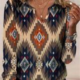 Aztec Print Notched Neck T-shirt, Boho Long Sleeve Ethnic T-shirt, Women's Clothing