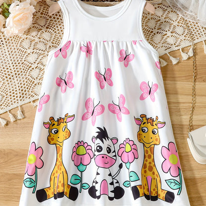 Charming Sleeveless Cartoon Dress for Girls - Crew Neck, Adorable Summer Party Outfit, Perfect Birthday Present.