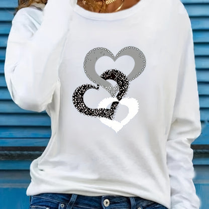 vlovelaw Heart Print Crew Neck T-shirt, Casual Long Sleeve Top For Spring & Fall, Women's Clothing