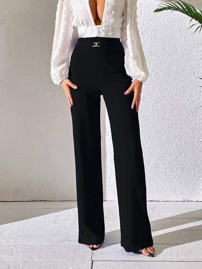 vlovelaw High Waist Tailored Pants, Elegant Solid Wide Leg Work Office Pants For Spring & Summer, Women's Clothing