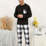 2 Pcs Mens Plaid Pajama Sets with Pocket - Soft, Breathable, and Stretchy Crew Neck Long Sleeves & Loose Fit Pants for Cozy Loungewear - Comfortable, Skin-Friendly, and Asymmetrical Design for Spring and Fall