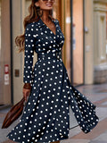 vlovelaw  Plus Size Elegant Dress, Women's Plus Polka Dot Print Long Sleeve Lapel Collar Nipped Waist Dress