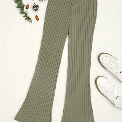 Girls Casual & Slim Ribbed Flare Pants High Waist Loose Fit Solid Color