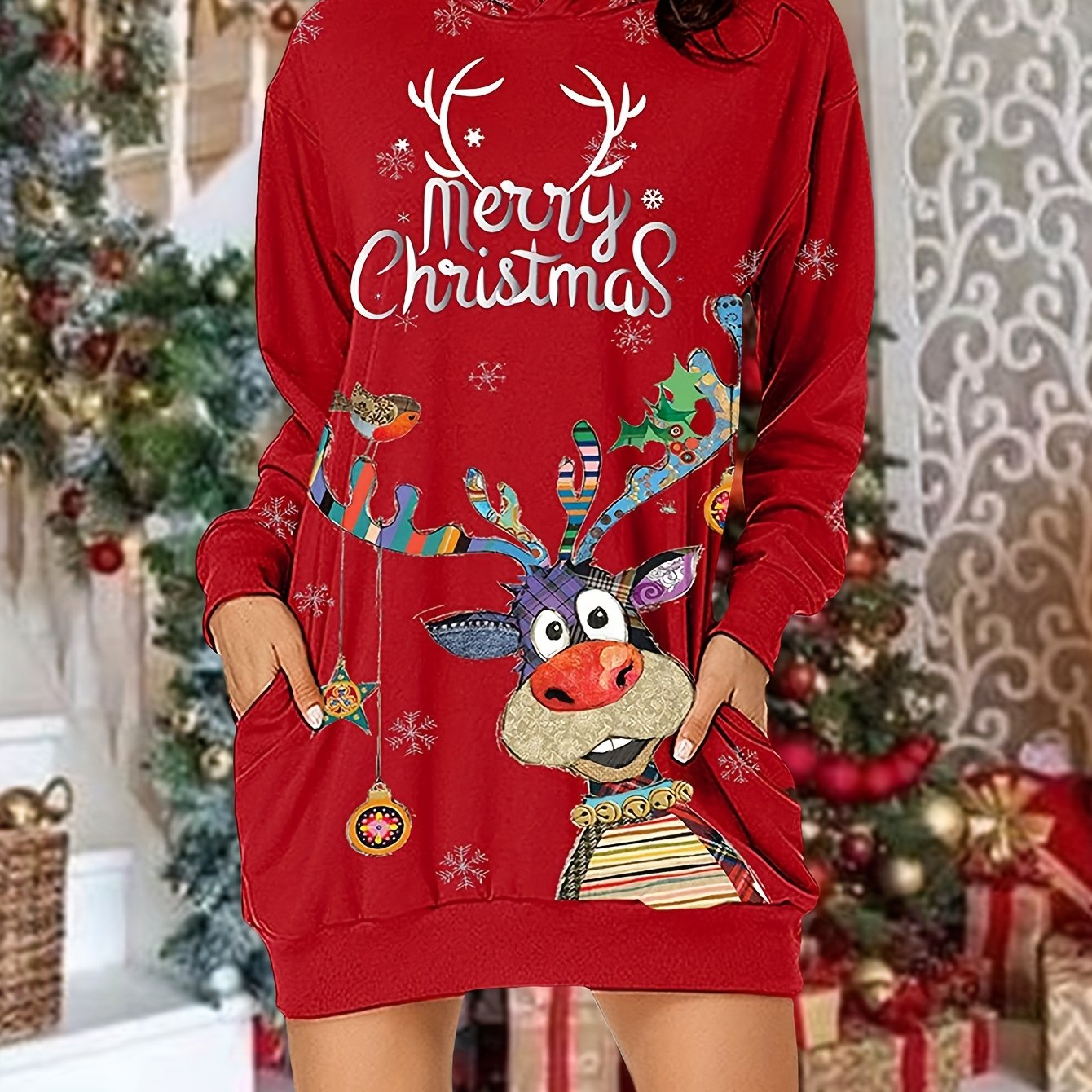 vlovelaw  Christmas Print Casual Hoodie Dress Long Sleeve Hooded Dress