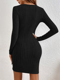 vlovelaw Textured Solid Bodycon Dress, Elegant V Neck Long Sleeve Mini Dress, Women's Clothing