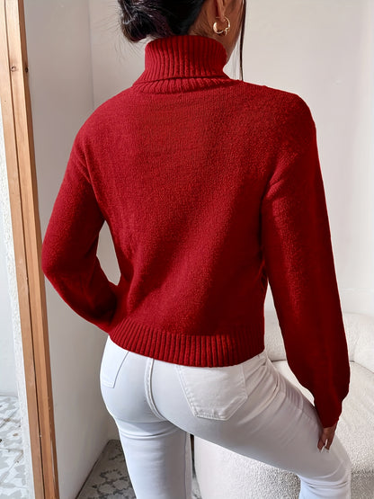 vlovelaw Solid Turtle Neck Cable Knit Sweater, Elegant Long Sleeve Slim Sweater For Fall & Winter, Women's Clothing